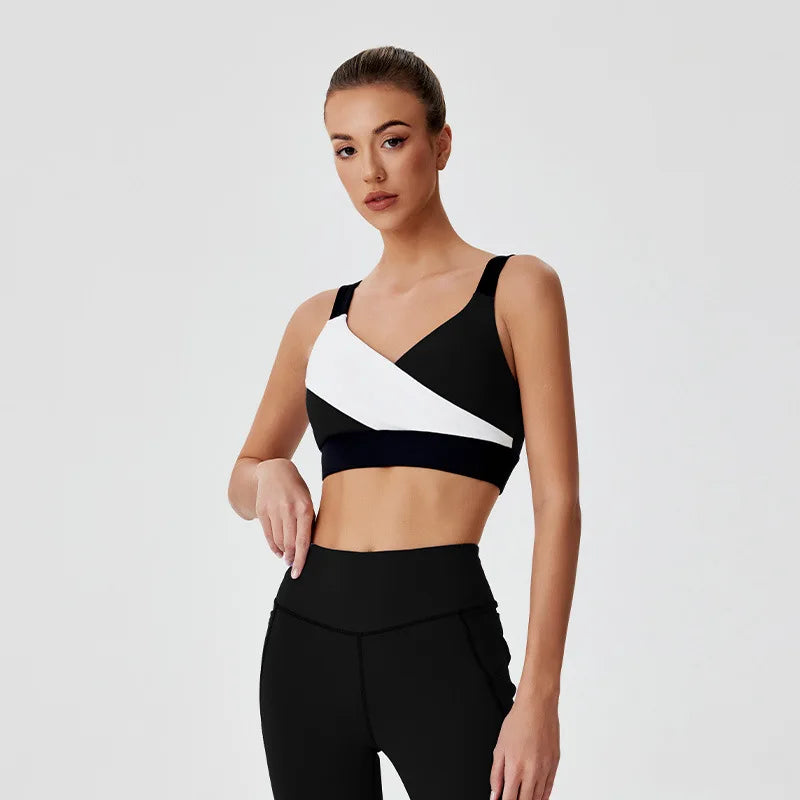 Sports Yoga Clothing Set High Stretch Colorblocking Bra Tank Top Flared Pants Trousers Fitness Clothing