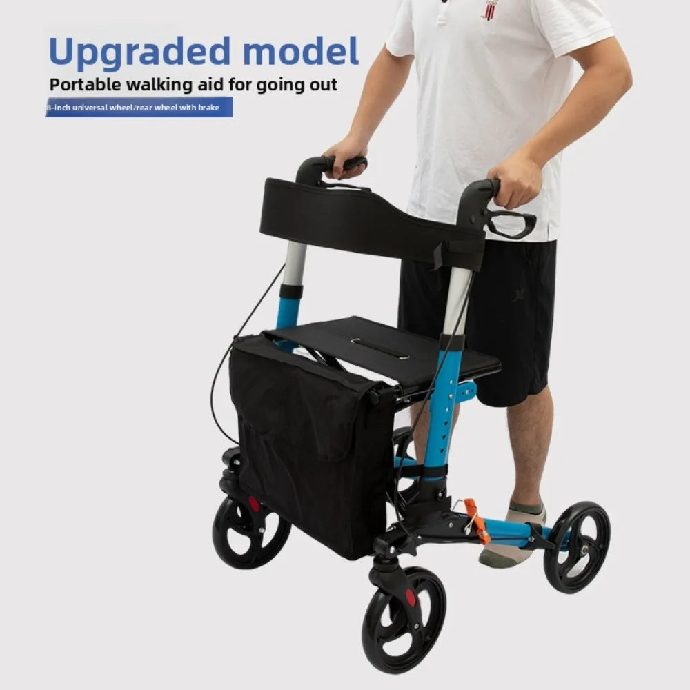 Upgraded Aluminum Portable Assistive Walking Support Rollator Foldable Walker with Seat & Adjustable Height Mobility Aid Cart