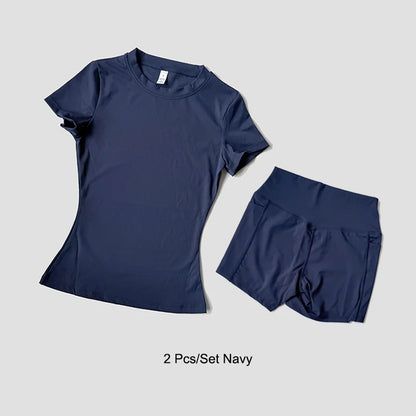Sports Sets Fitness Hip-lifting Tight Top Short Sleeve Running Workout Gym Shorts Tracksuits For Women Breathable Sports Suits
