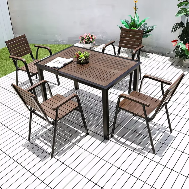 120cm Patio Dining Table Large Rectangular Outdoor Table Waterproof Wood-plastic Outdoor Furniture Garden Dinner Table