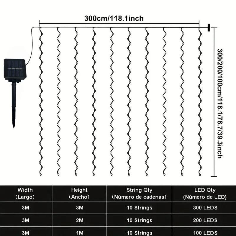Solar Curtain Light LED Outdoor Waterproof 600leds Garland Decor String Lights Yard Christmas Fairy Wedding Party Terrace Garden