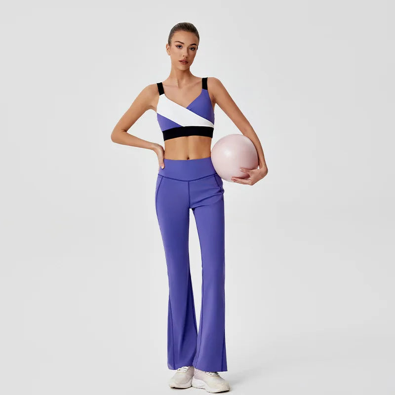 Sports Yoga Clothing Set High Stretch Colorblocking Bra Tank Top Flared Pants Trousers Fitness Clothing