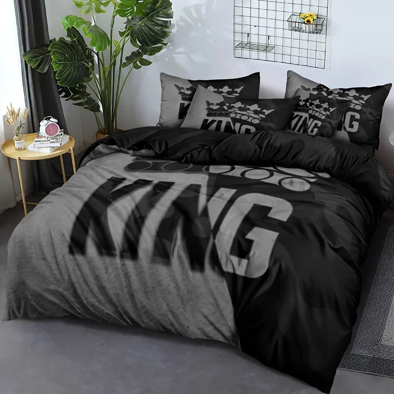 Duvet Cover Set Soft And Comfortable  Gray And Black King Pattern Bedding Set For Bedroom Guest Room And Dorm Decoration