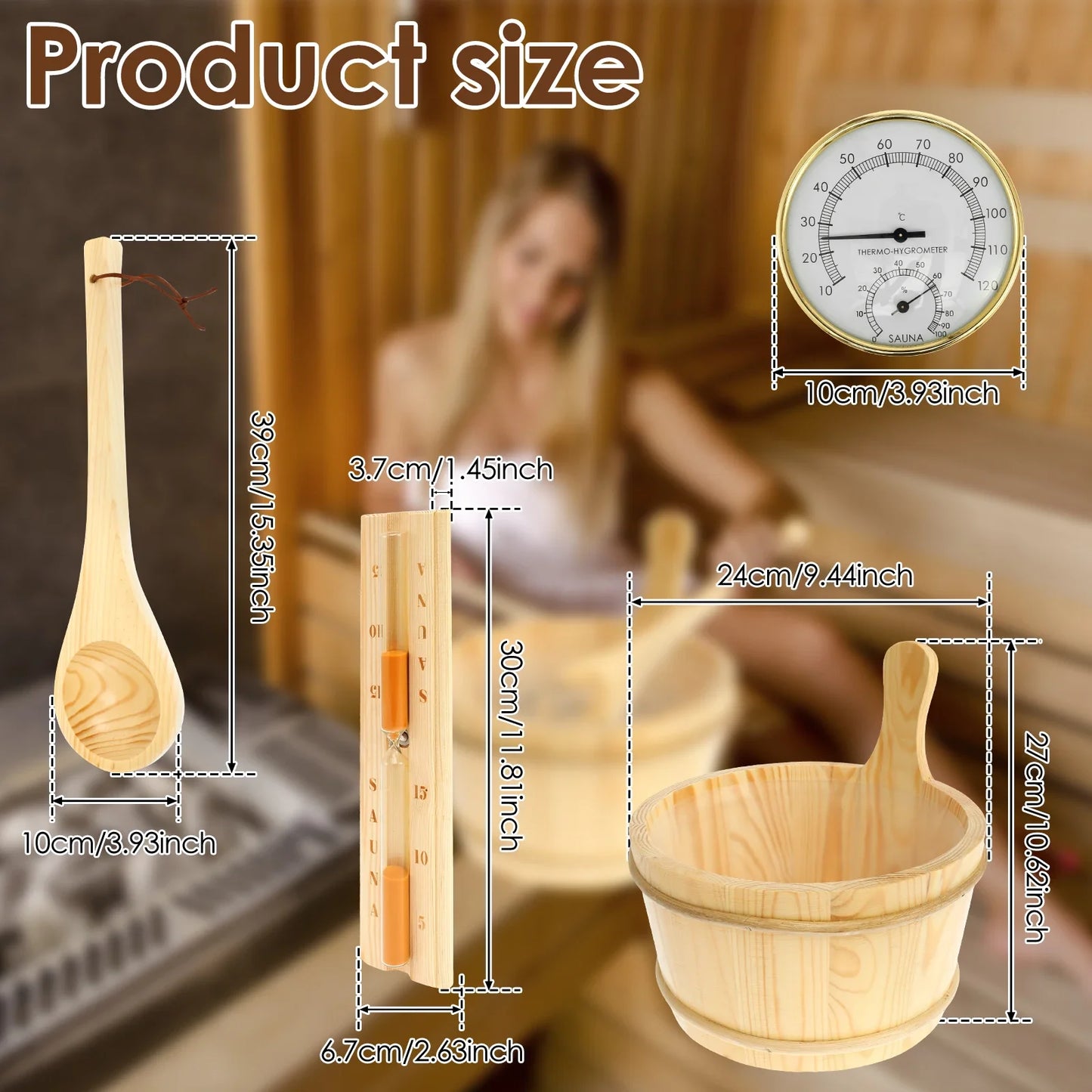 4Pcs Set Sauna Accessories Wood Sauna Bucket Sauna Spoon with Handle Design 2 in 1 Sauna Thermometer&Hygrometer Hourglass Timer