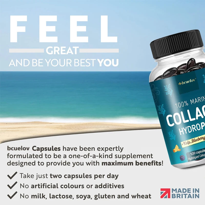 Potent Marine Collagen - with Kelp, Blueberry & Turmeric - 1400mg Hydrolyzed Collagen Supplement for Healthy Hair, Skin & Nails