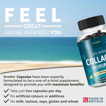 Potent Marine Collagen - with Kelp, Blueberry & Turmeric - 1400mg Hydrolyzed Collagen Supplement for Healthy Hair, Skin & Nails