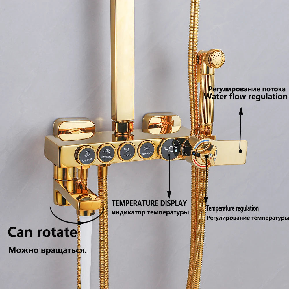 Gold Thermostatic Shower Faucet Set Rainfall Display Bathtub Tap With Bathroom Shelf Multiple Water Outlet Methods