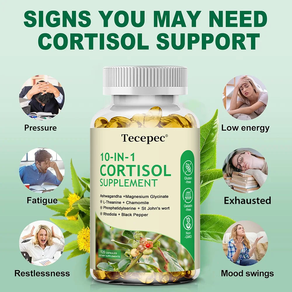 10-IN-1 Cortisol Supplements with Magnesium, Ashwagandha, Chamomile, L-Theanine,Vitamin C & D3, For Women & Men,Vegan
