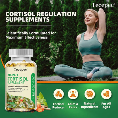 10-IN-1 Cortisol Supplement  for Women Men,with Ashwagandha, Magnesium,L-Theanine,Balanced Cortisol Levels, Night & Calm Support