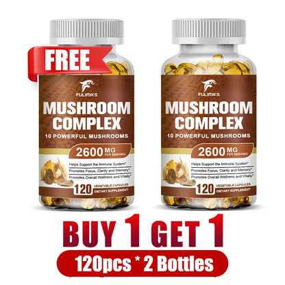 Buy 1 Get 1 Free! Organic Mushroom Complex Supplement, Adaptogenic Blend for Immune Support, Brain Focus & Natural Energy