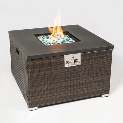 32 Inch Square Design Propane Fire Pit Table Outdoor Dark Brown Wicker with Decorative Glass Rocks for Patio Garden Deck Heating
