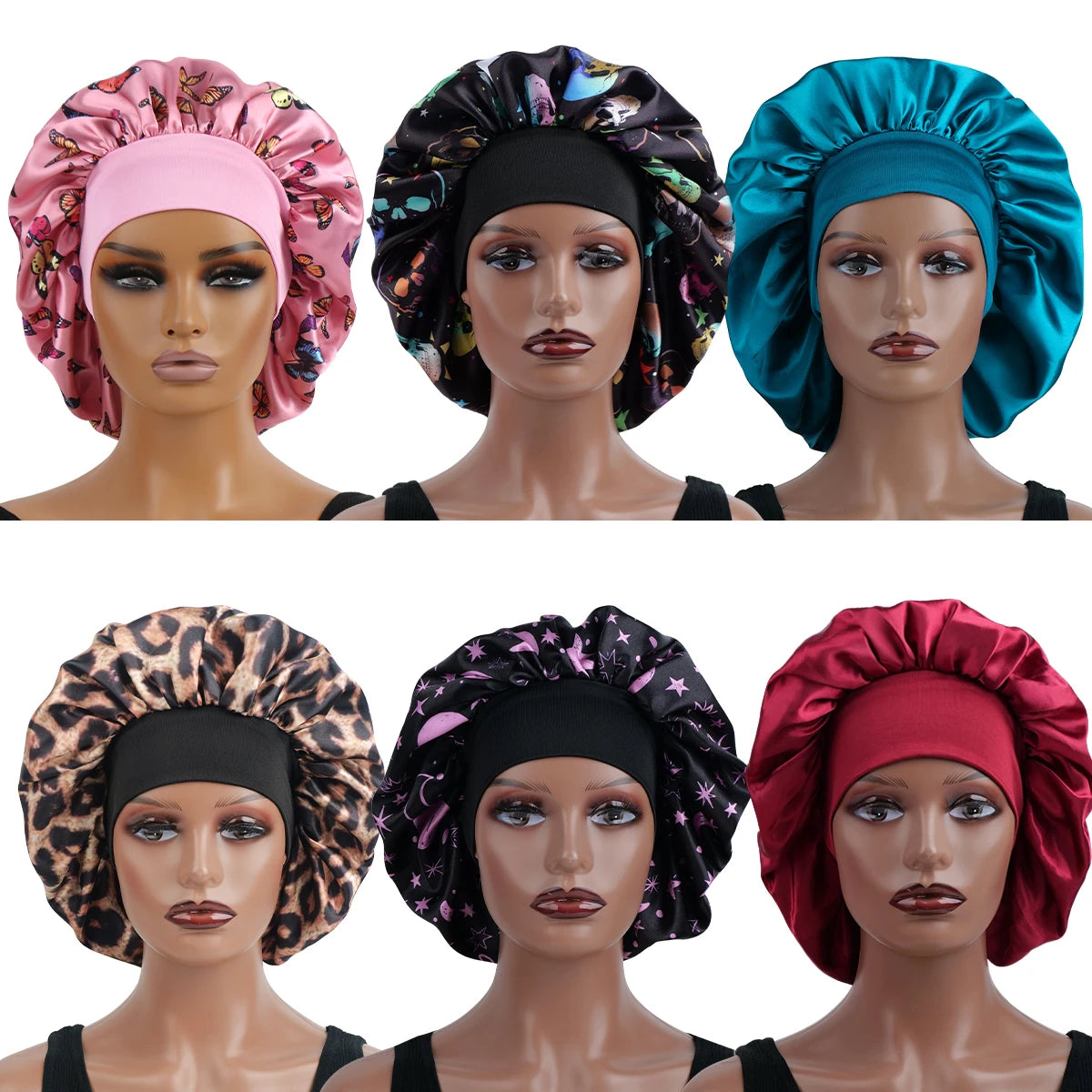 6pcs Satin Sleep Bonnet with Wide-Brimmed, Hair Protection Caps for Curly Hair, Overnight Hair Bonnet for Women