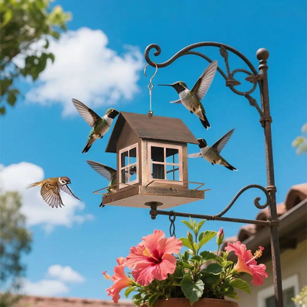 Country Style Hanging Bird Feeder House Shape Large Capacity Bird Food Bowl Windproof Metal Parrot Feeding Station Porch