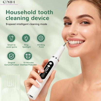 CMH Electric Tooth Cleaning Device Ultrasonic 37kHz Stain Remover Multi-Mode Dental Care Tool with 2 Replaceable Cleaning Heads