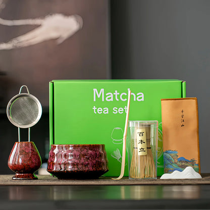 7pcs Set of Kiln-Transformed Glaze Ceramic Matcha Bowl with Tea Spoon, Filter, and  Matcha Brush For Matcha Latte Tea Ceremony