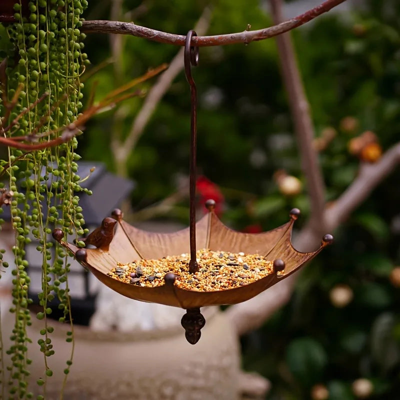1pc Outdoor Hanging Bird Feeder Tray Umbrella-shaped Iron Feeder & Water Bowl for Garden Courtyard Backyard Hummingbird Feeder