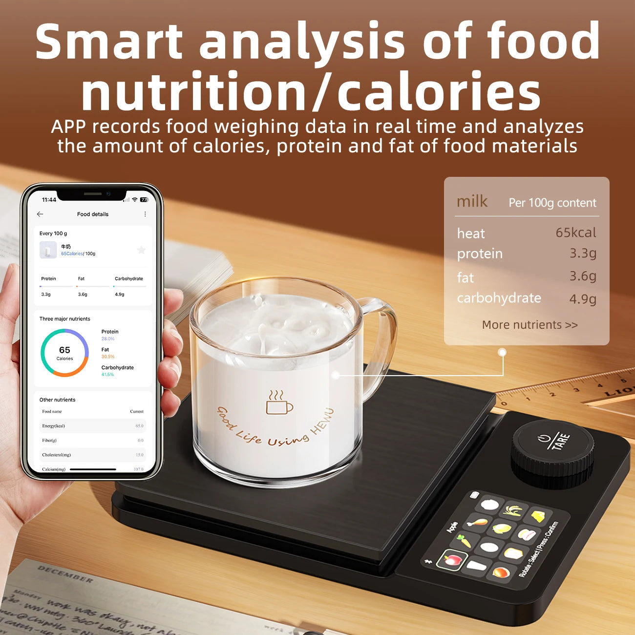 Smart Digital Kitchen Electronic Scale, 5kg Capacity Accurate 0.1g, TFT Display, Rechargeable with APP Nutrition Analysis