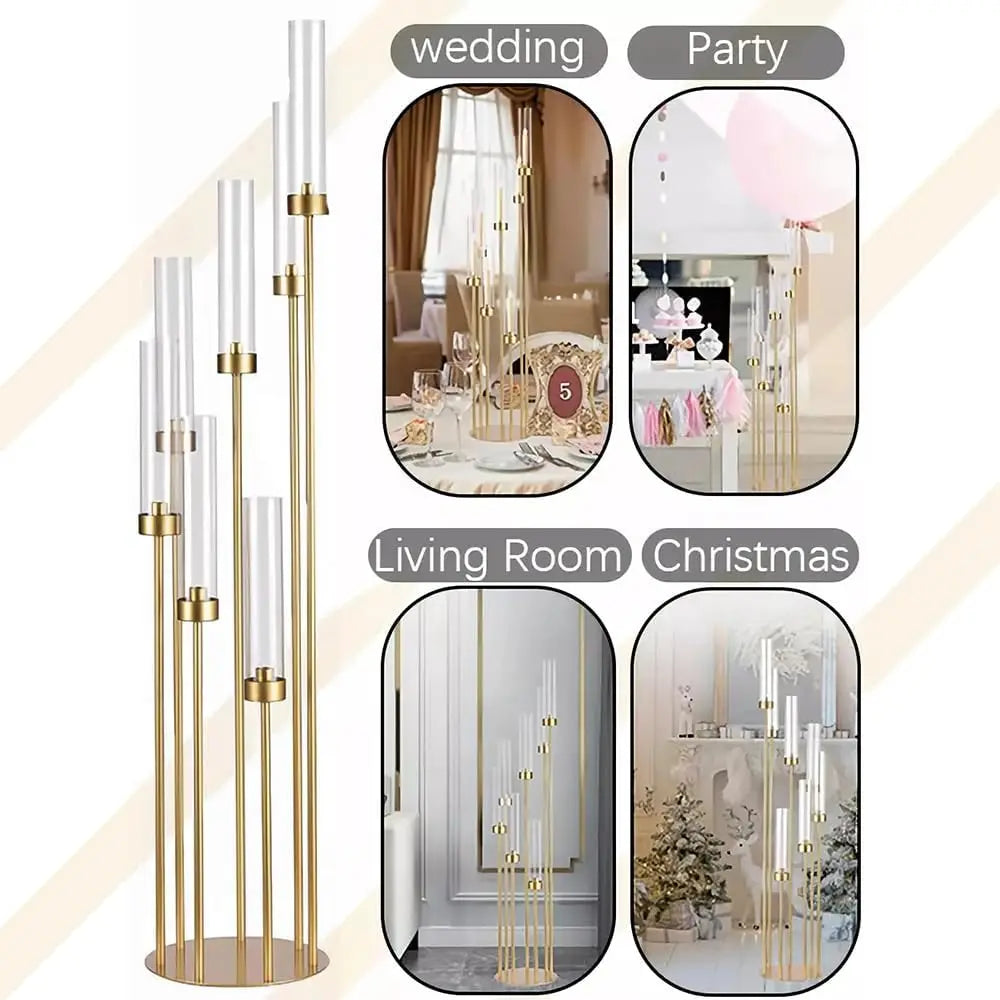 8pcs 7Arm Acrylic Candelabra Table Centerpiece Gold Floor Candle Holder for Table Birthday Party Decor Fit LED Taper Candles