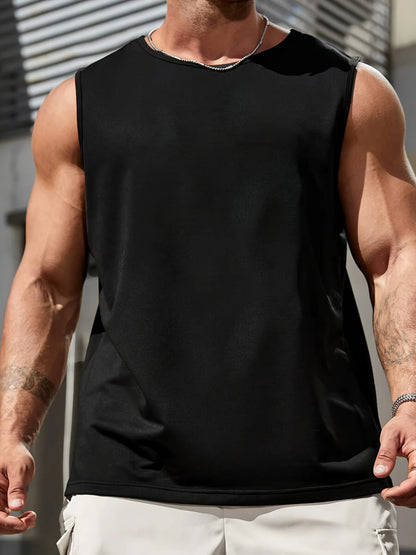 Men's Sleeveless Muscle Shirt -100% Cotton Breathable Fitness Tank Top with CHAMPION Printed Round Neck and Umbrella Bottom