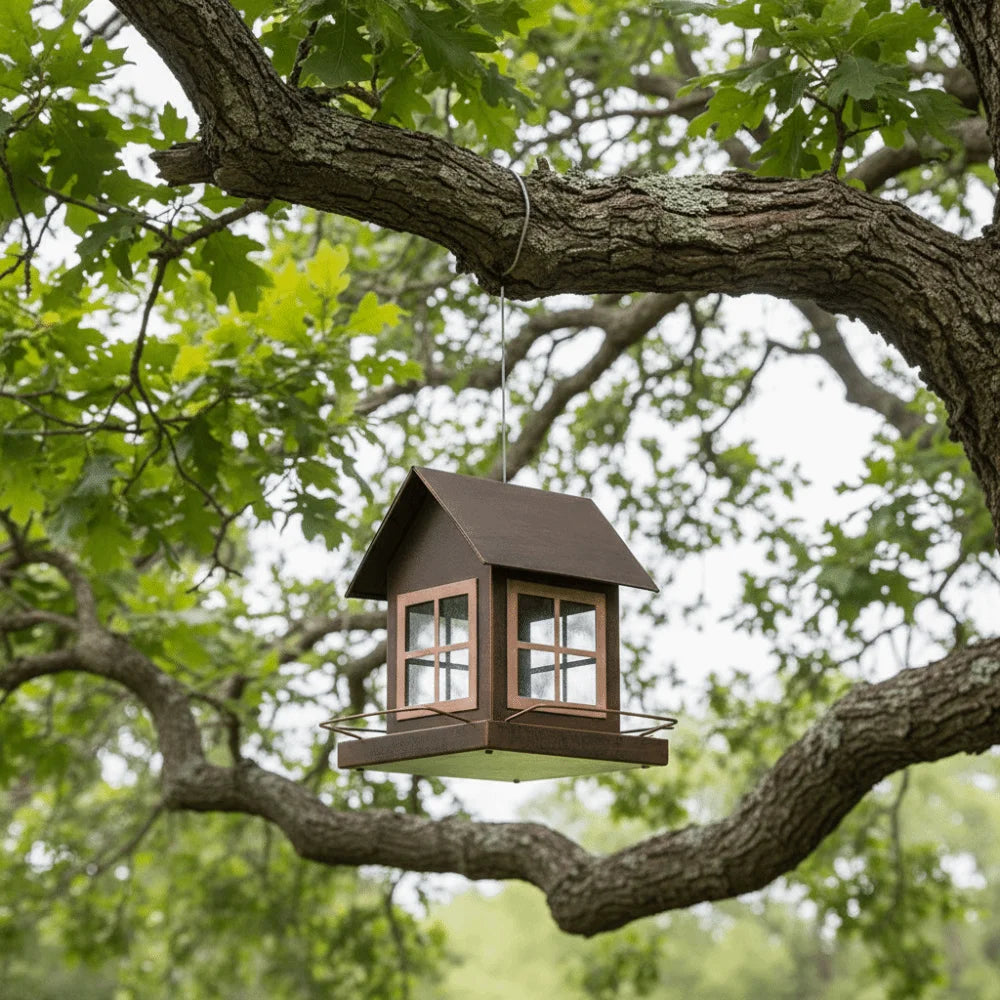 Country Style Hanging Bird Feeder House Shape Large Capacity Bird Food Bowl Windproof Metal Parrot Feeding Station Porch