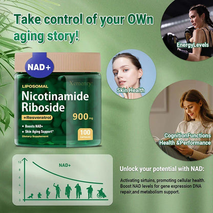NAD+ Supplement Capsules - Liposomal Nicotinamide Riboside Capsules 900mg with Resveratrol & Quercetin - for Anti-Aging, Energy