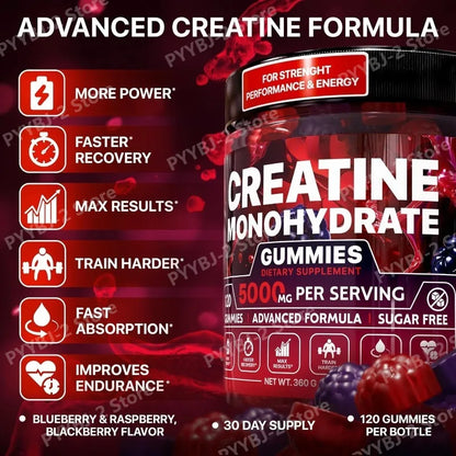 Creatine Monohydrate Gummies Raspberry & Blackberry Flavor Sugar Free for Men and Women Pre Workout Creatine Supplement 120count