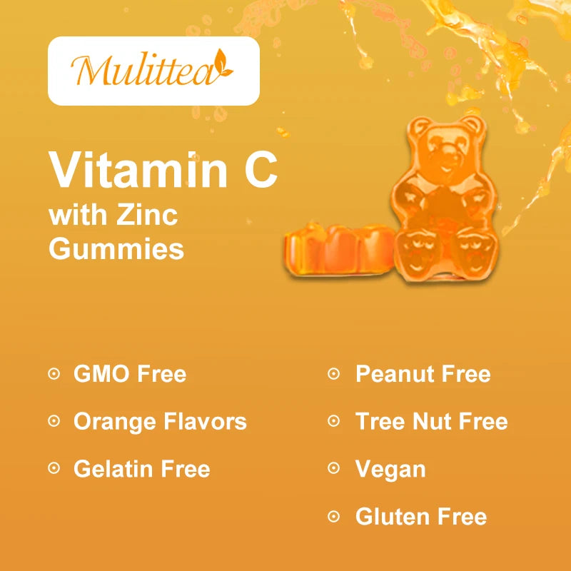 Mulittea Vitamin C with Zinc Gummies For Antioxidant Whitening Collagen Improve Immunity Skin healthDaily nutritional supplement