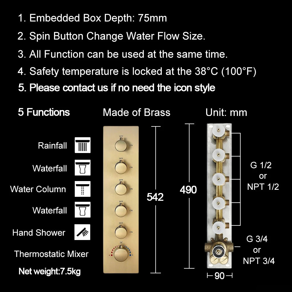 M Boenn 5 Functions Lover Shower Set 35*12 Inch Couple LED Shower Head Rainfall Smart Thermostatic Mixer Faucet Massage Body Jet