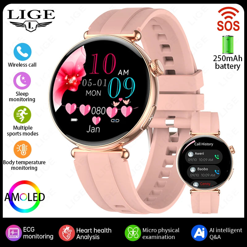 LIGE ECG Smart Watch For Women AMOLED Blood Uric Acid Lipid AI-GPT Heart Rate Sleep Health Monitor SOS Bluetooth Call Smartwatch
