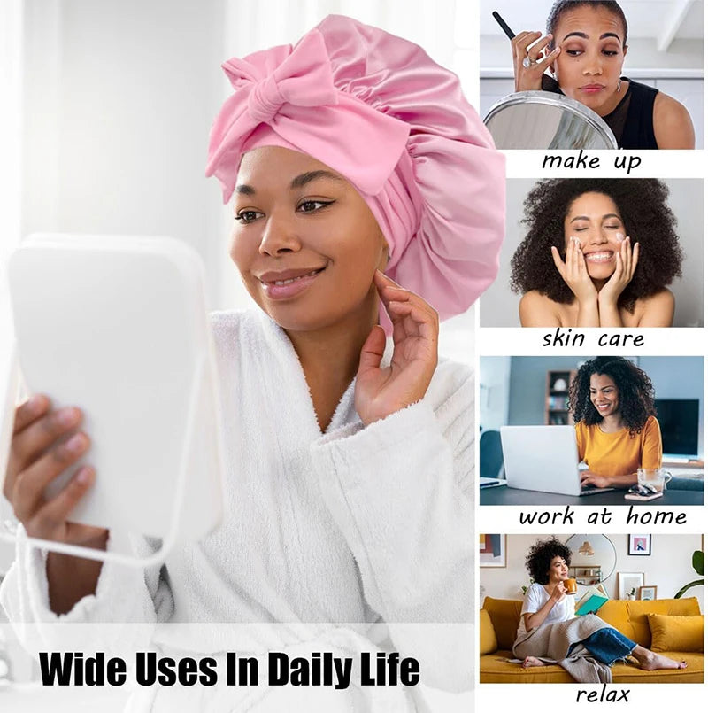 New Silky Bonnet With Elastic Tie Band Hair Bonnet For Sleeping Shower Cap Reusable Adjusting Hair Care Wrap Cap Sleep Caps