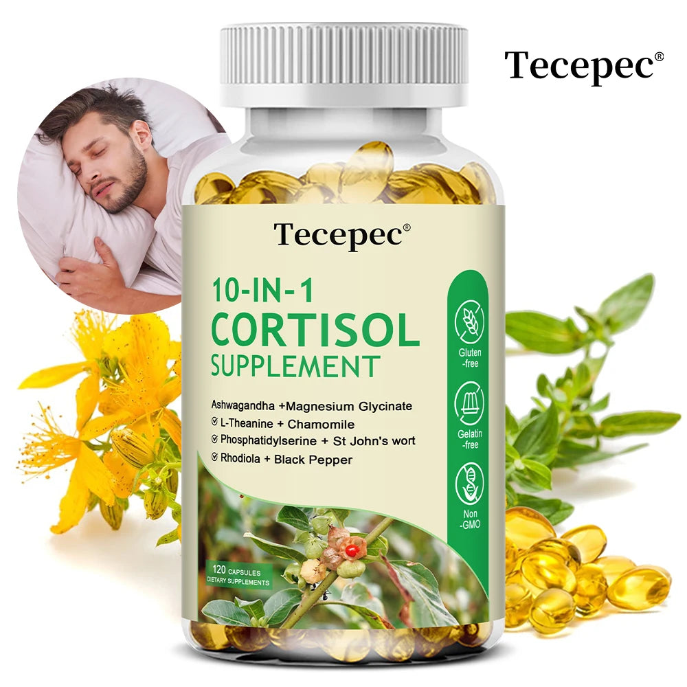 10-IN-1 Cortisol Supplements with Magnesium, Ashwagandha, Chamomile, L-Theanine,Vitamin C & D3, For Women & Men,Vegan