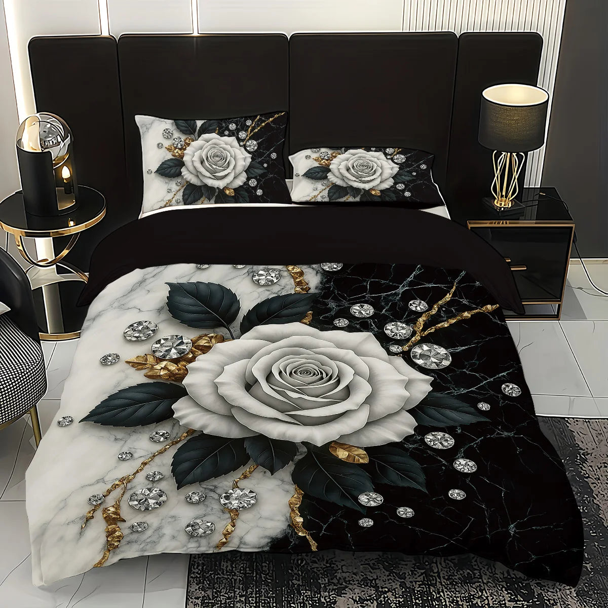 3pcs rose pattern bedding set, for women and adult's bedroom, 1*quilt cover+2*pillowcase, for single, queen bed