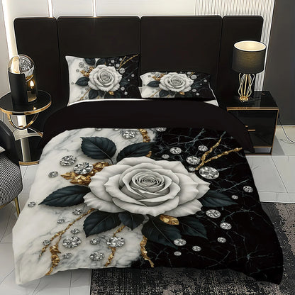 3pcs rose pattern bedding set, for women and adult's bedroom, 1*quilt cover+2*pillowcase, for single, queen bed