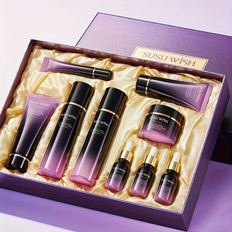 Luxurious and Elegant Nine-Piece Moisturizing Essence Set, Including Cleansing Milk, Essence Water, Essence Lotion, Essence Serum*3, Moisturizing Cream, Eye Cream, Sleeping Mask, Containing Niacinamide, Centella Asiatica Extr