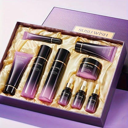 Luxurious and Elegant Nine-Piece Moisturizing Essence Set, Including Cleansing Milk, Essence Water, Essence Lotion, Essence Serum*3, Moisturizing Cream, Eye Cream, Sleeping Mask, Containing Niacinamide, Centella Asiatica Extr