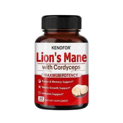 Lion's Mane - Supplement Capsules for Brain Health, Support for Focus, Memory Function - Immune & Nervous System Supplement