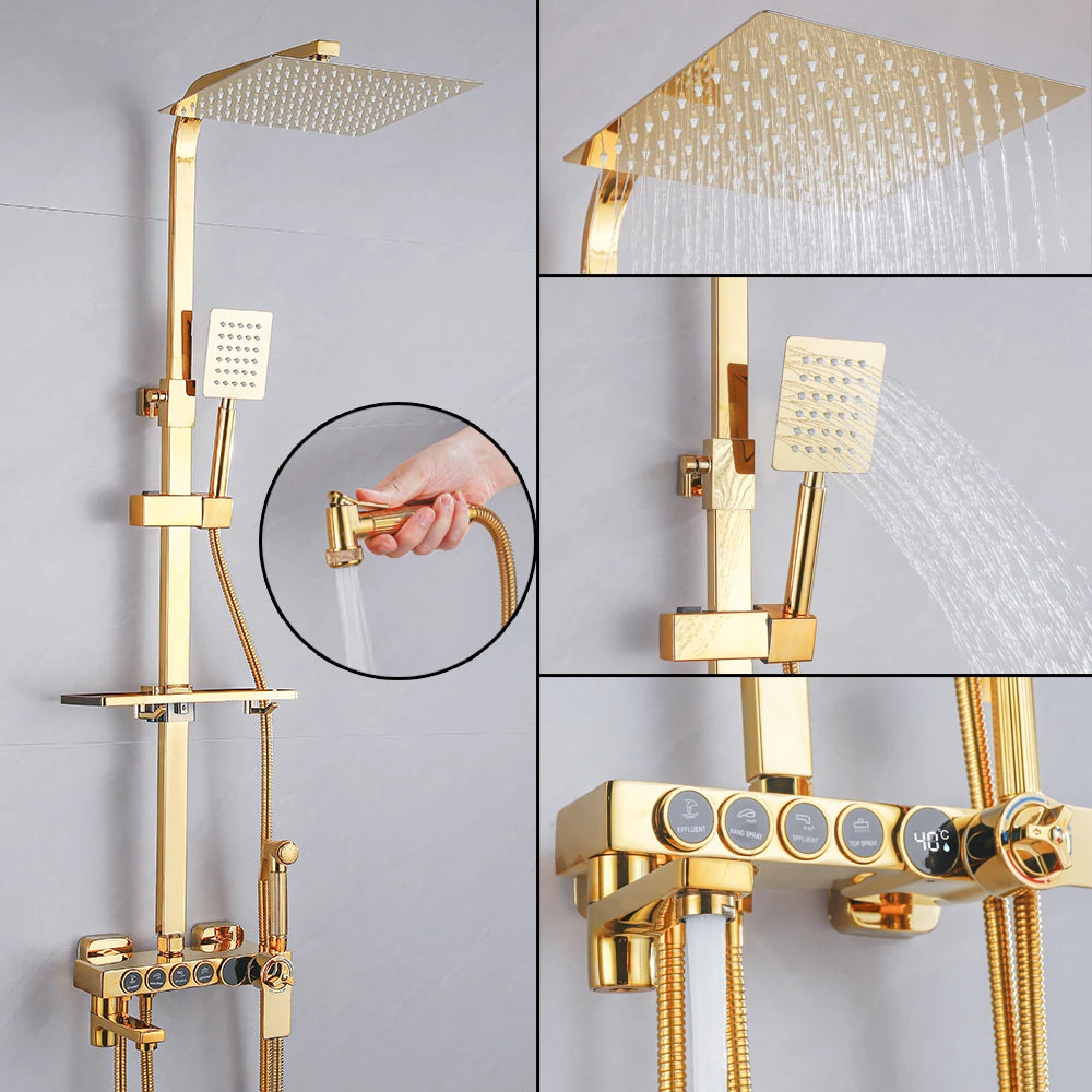 Gold Thermostatic Shower Faucet Set Rainfall Display Bathtub Tap With Bathroom Shelf Multiple Water Outlet Methods
