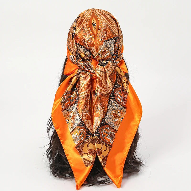 Handkerchiefs Hair Silk Scarf 90*90cm Print Satin Big Square Silk Scarves Shawls for Women Luxury Brand Designer Hijab Headband