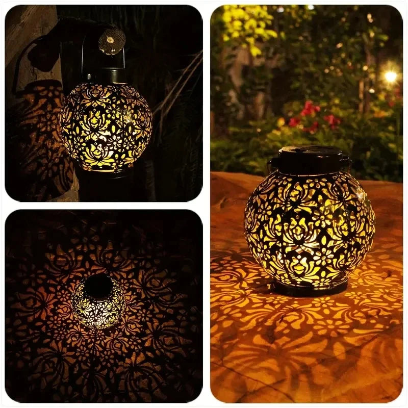 Outdoor Garden Landscape Decoration Solar Lights LED Metal Waterproof Round Lantern Lights Hanging Hollow Projection Lights IP65
