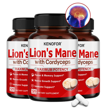 Lion's Mane - Supplement Capsules for Brain Health, Support for Focus, Memory Function - Immune & Nervous System Supplement
