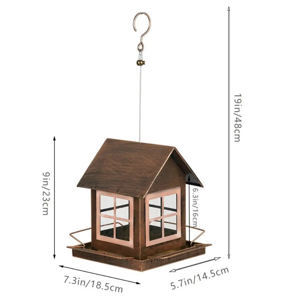 Country Style Hanging Bird Feeder House Shape Large Capacity Bird Food Bowl Windproof Metal Parrot Feeding Station Porch