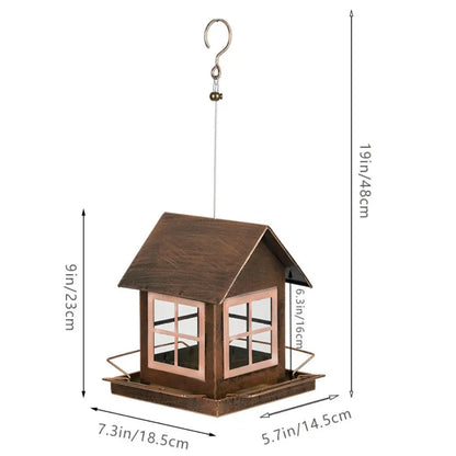 Country Style Hanging Bird Feeder House Shape Large Capacity Bird Food Bowl Windproof Metal Parrot Feeding Station Porch