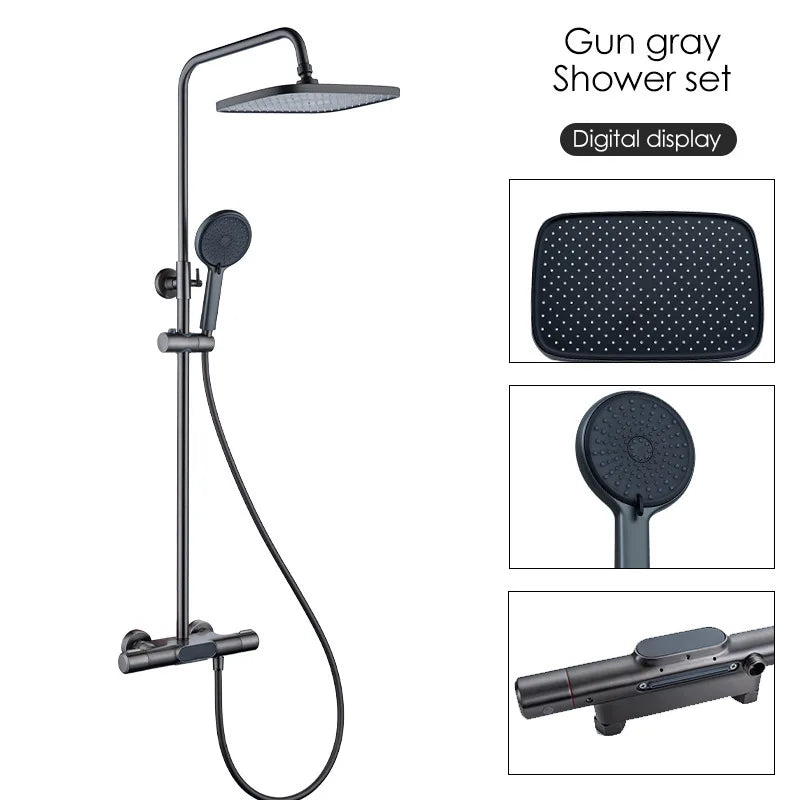 KEMAIDI Thermostatic Shower System LED Digital Display Shower Set Solid Brass Shower Faucet Sets W/Waterfall Bathtub Mixer Grey