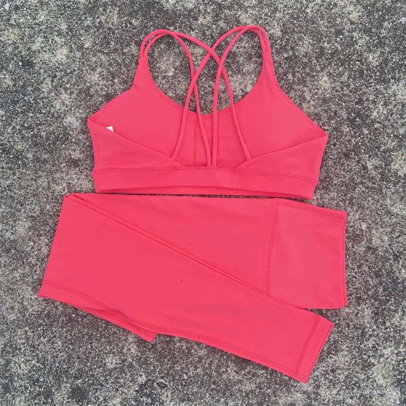 Solid Color Gym Fitness Set Tight Soft cross back Fitness Bra +compression High Waist Yoga Leggings Suit Comprehensive Training