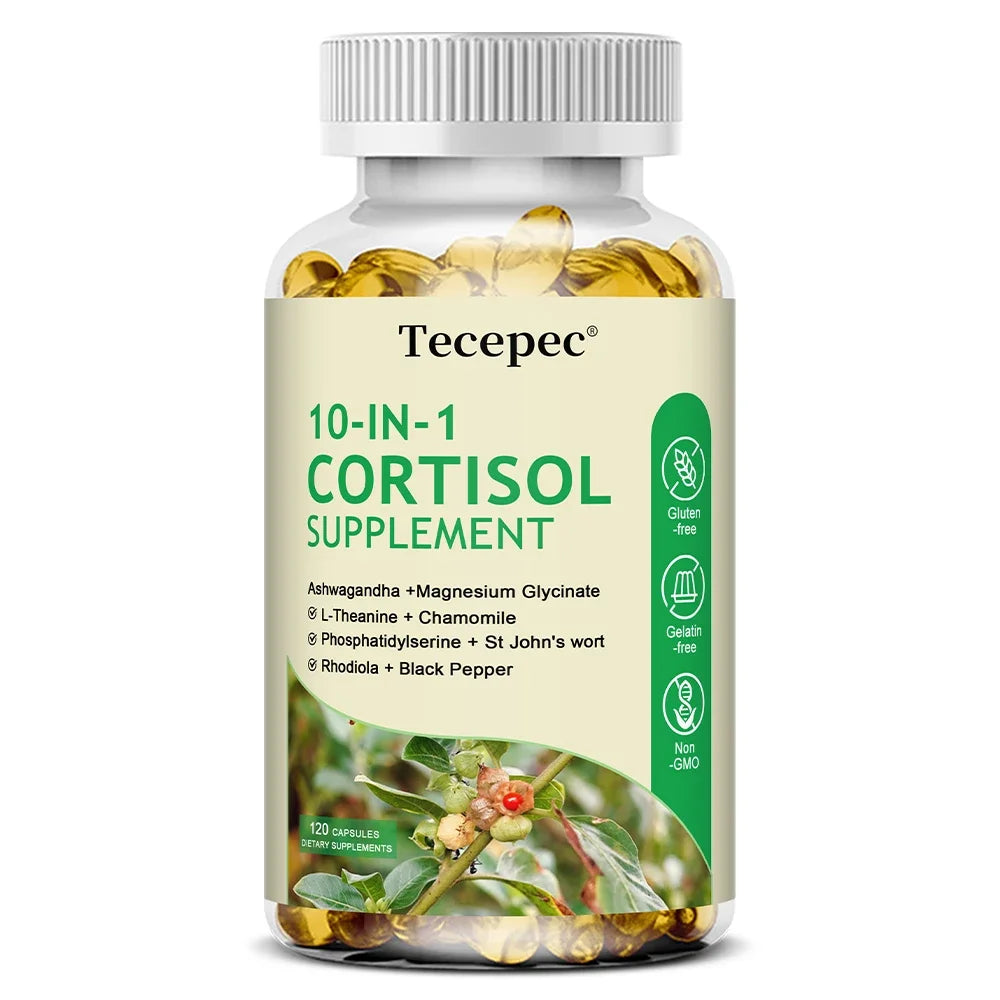 10-IN-1 Cortisol Supplements with Magnesium, Ashwagandha, Chamomile, L-Theanine,Vitamin C & D3, For Women & Men,Vegan