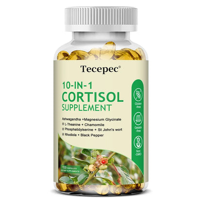 10-IN-1 Cortisol Supplements with Magnesium, Ashwagandha, Chamomile, L-Theanine,Vitamin C & D3, For Women & Men,Vegan
