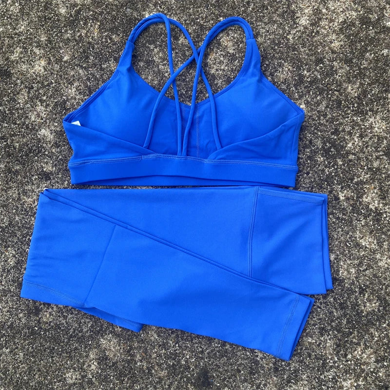 Solid Color Gym Fitness Set Tight Soft cross back Fitness Bra +compression High Waist Yoga Leggings Suit Comprehensive Training