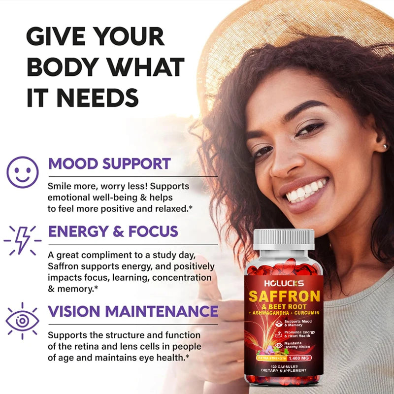 HOLUCKS Natural Saffron Supplement, Boost Energy, Immune, Improve Mood & Focus, Support Eye & Heart Health, for Women Men