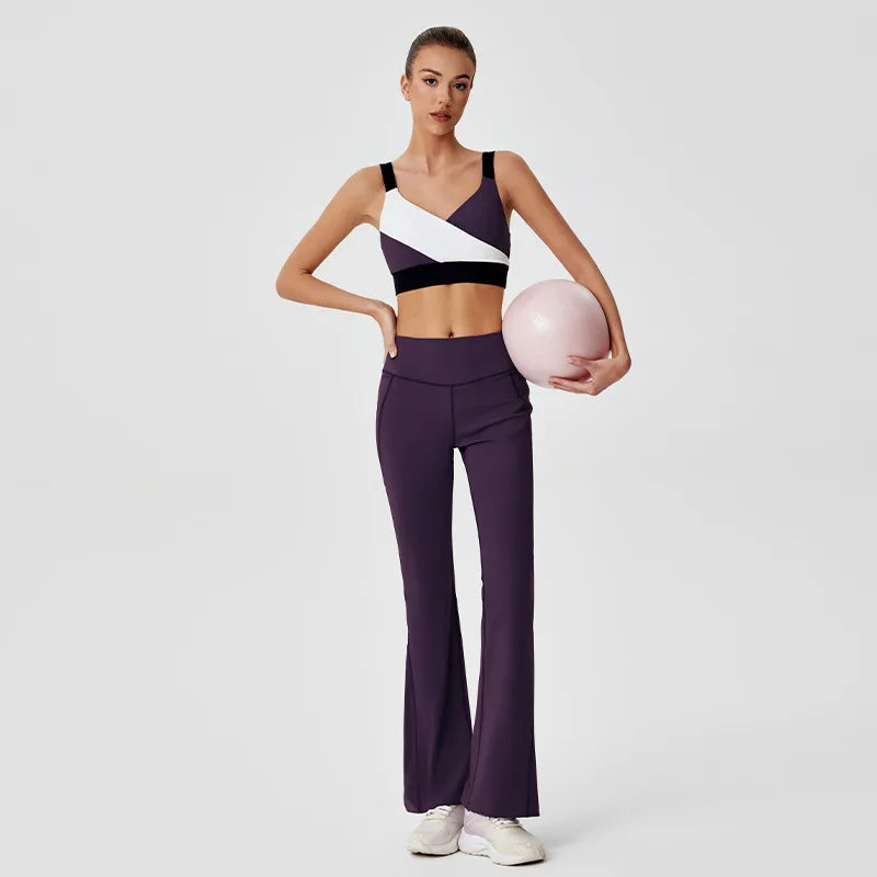 Sports Yoga Clothing Set High Stretch Colorblocking Bra Tank Top Flared Pants Trousers Fitness Clothing