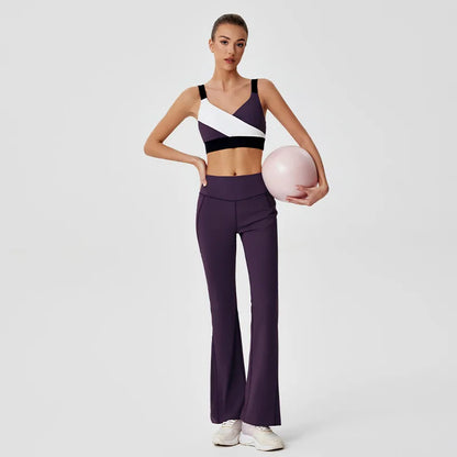 Sports Yoga Clothing Set High Stretch Colorblocking Bra Tank Top Flared Pants Trousers Fitness Clothing